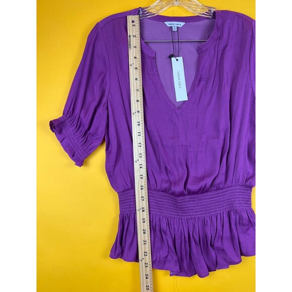 Naked Zebra Cora Peplum Blouse Womens S Mulberry Purple Smocked Short Sleeve NWT - Picture 7 of 10